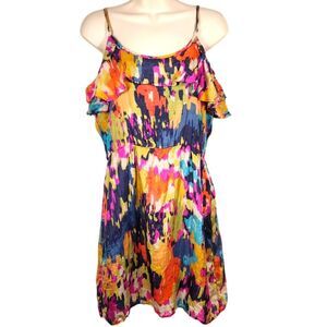 GLAM Silk Dress Short Sleeveless Ruffle‎ Flowy Babydoll Tie Dye Pink Blue Gold M